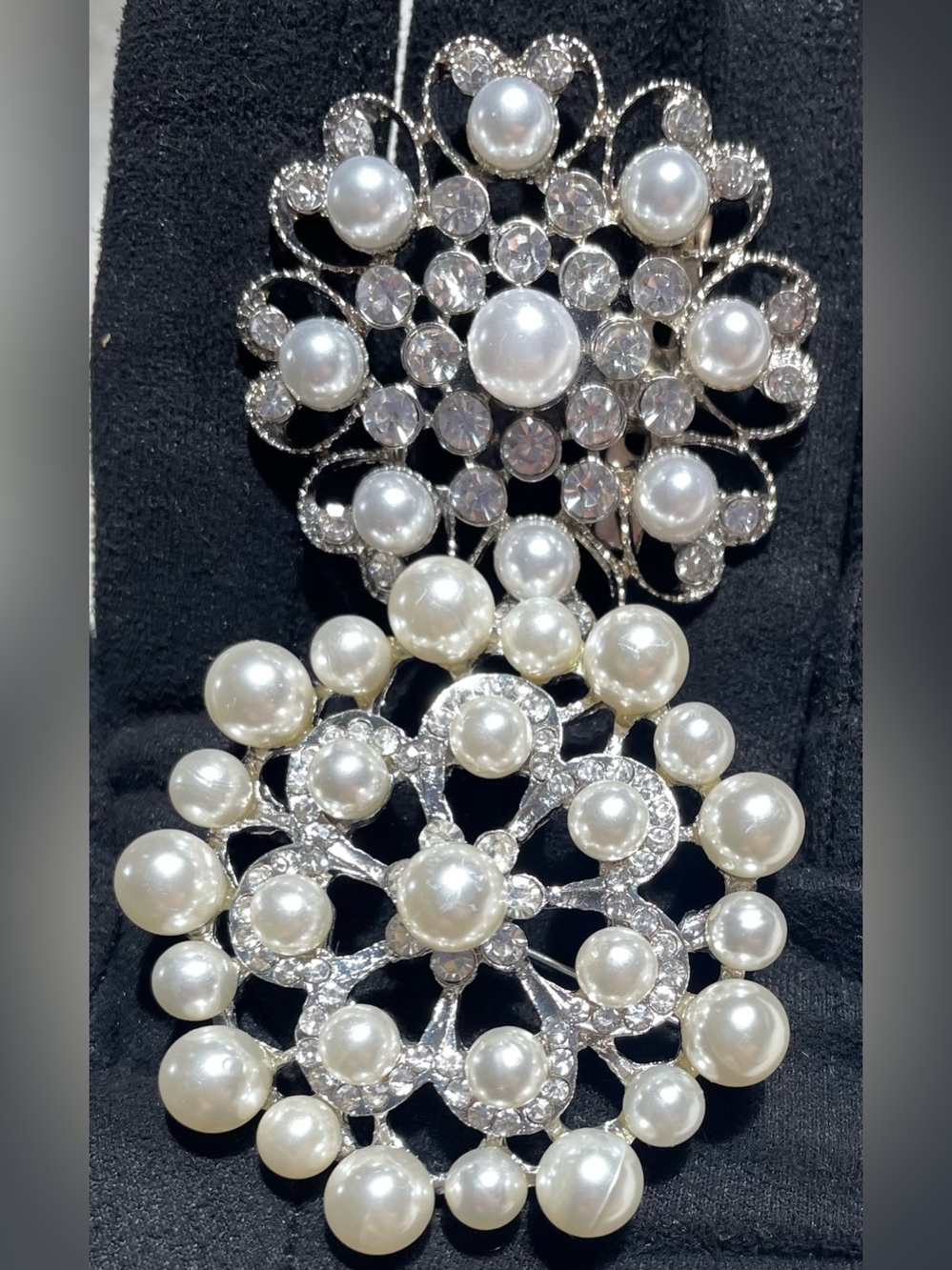 Two Pearl and Crystal Floral Statement Brooches - White and Silver